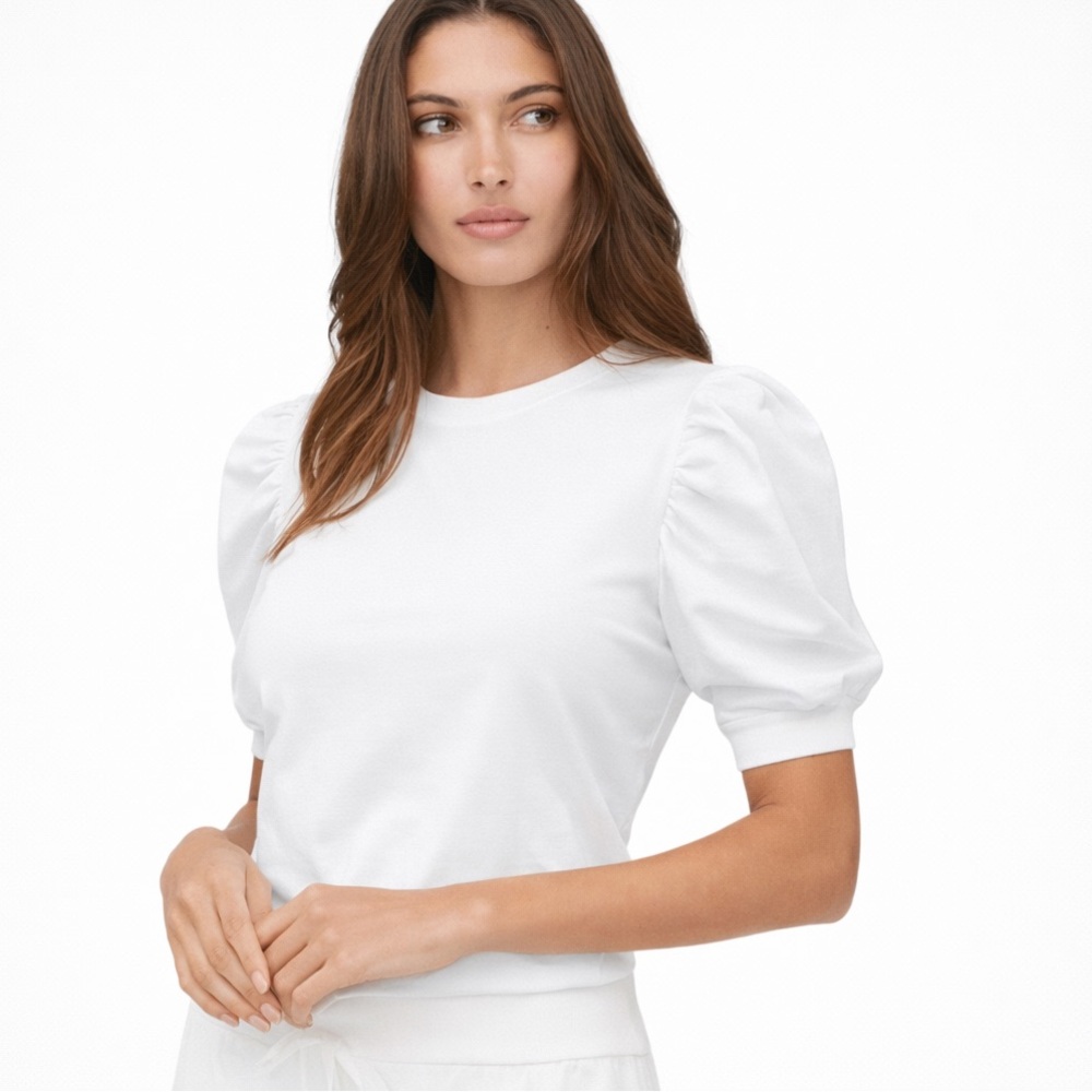 Sundays White Puff Sleeve Top XS Cotton Blend Structured Tee Shoulder Buttons